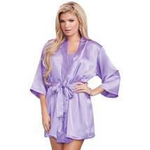 Purple Satin Robe 3/4 Sleeves Sash Tie Closure Short Length Lavender 789... - £27.08 GBP