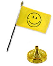 AES Yellow Smiley Smile Face Happy 4&quot;x6&quot; Flag Desk Set Table Stick Staff Gold Ba - £3.10 GBP