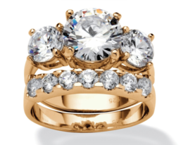 14K Yellow Gold Finish Real 925 Silver Womens Engagement Wedding Bridal Ring Set - £105.48 GBP