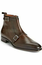 Handmade Men&#39;s Leather Brown Dress Double Monk Zipper Formal Casual Boots-630 - £201.23 GBP