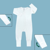 Long Sleeve BABY ROMPER WHITE 6-12Mo Cotton Double Zipper Mitted Footed ... - $12.99