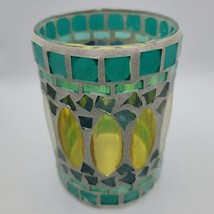 Mosaic Stained Glass Candle Holder Blue Yellow Shine 4 Inch Votive Handmade - £13.84 GBP
