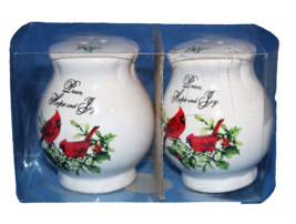 Cardinals Salt and Pepper Shakers 3&quot; Peace Love and Joy Ceramic Christmas - $9.61