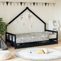 Kids Bed Frame with Drawers Black 90x190 cm Solid Wood Pine - £111.19 GBP