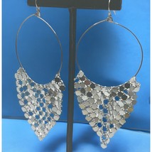 Silver Tone Mesh Drop Earrings Vintage Dangle Chain Mail Hoops Retro 80s - $14.95