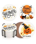 Bribay Halloween Pumpkin Cat Coasters Set of 6 Ceramic Stone Mat Cork Base - $126.67 MXN