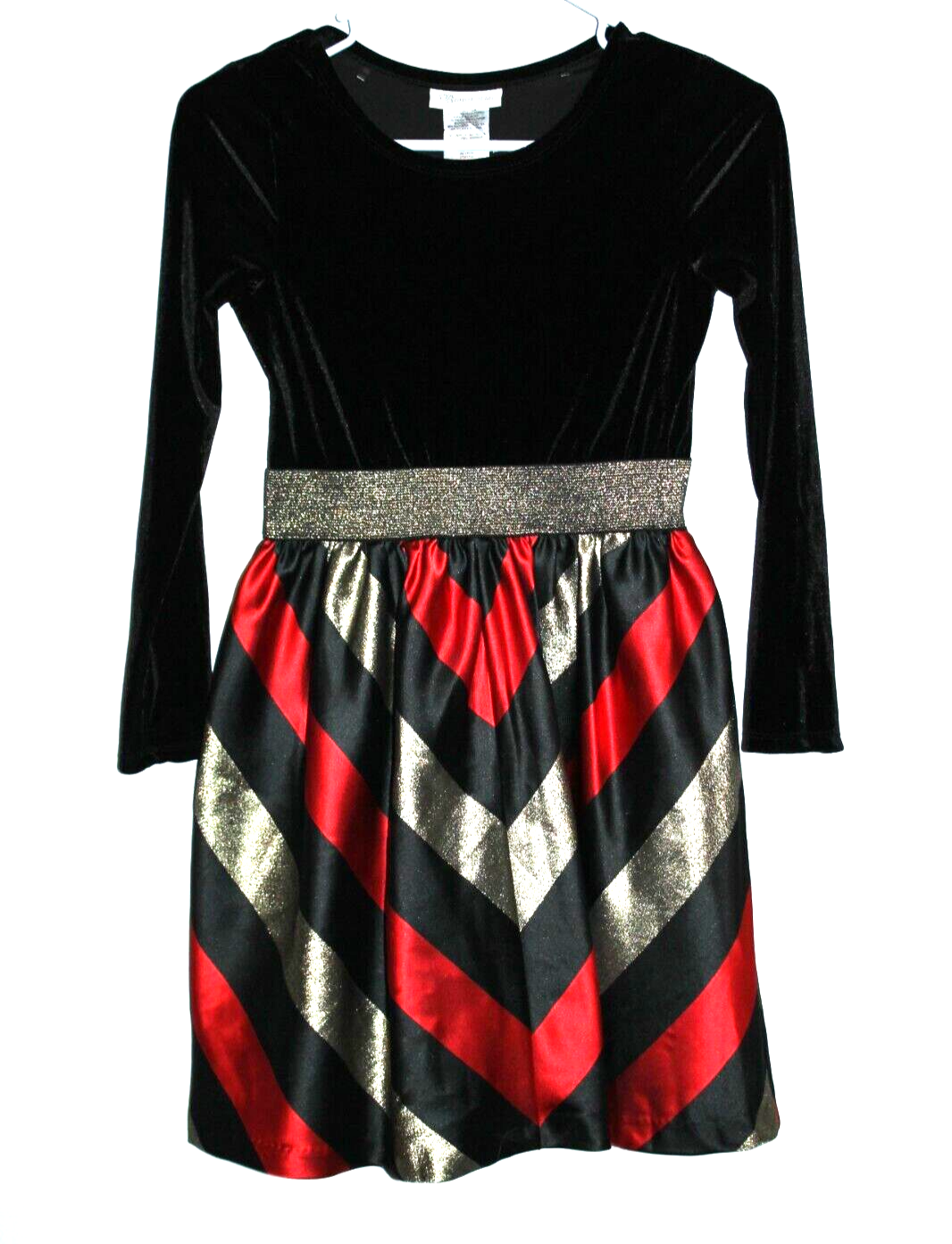 Primary image for Bonnie Jean Girl's Dress Size 12 Black Velvet Gold Red Satin Stripe Gold Glitter