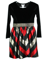 Bonnie Jean Girl&#39;s Dress Size 12 Black Velvet Gold Red Satin Stripe Gold Glitter - £14.38 GBP