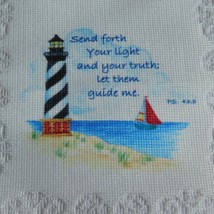 Lace Wall Hanging Wood Dowel Tapestry Lighthouse Sailboat Printed Scene ... - $14.52