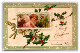 Angel Cherub Mistletoe and Holly Merry Christmas Embossed DB Postcard U11 - $3.91