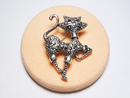 Marcasite Kitty Pin Brooch 925 Sterling Silver, Handmade Women Walking Cat Pin - £51.95 GBP