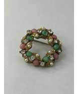 Vtg Glass Pink Green Pearl Rhinestones Pin Brooch Wreath - $17.32