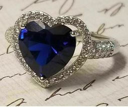 3Ct Heart Shape Blue Sapphire Women&#39;s Halo Engagement Ring 14K White Gold Finish - £81.45 GBP