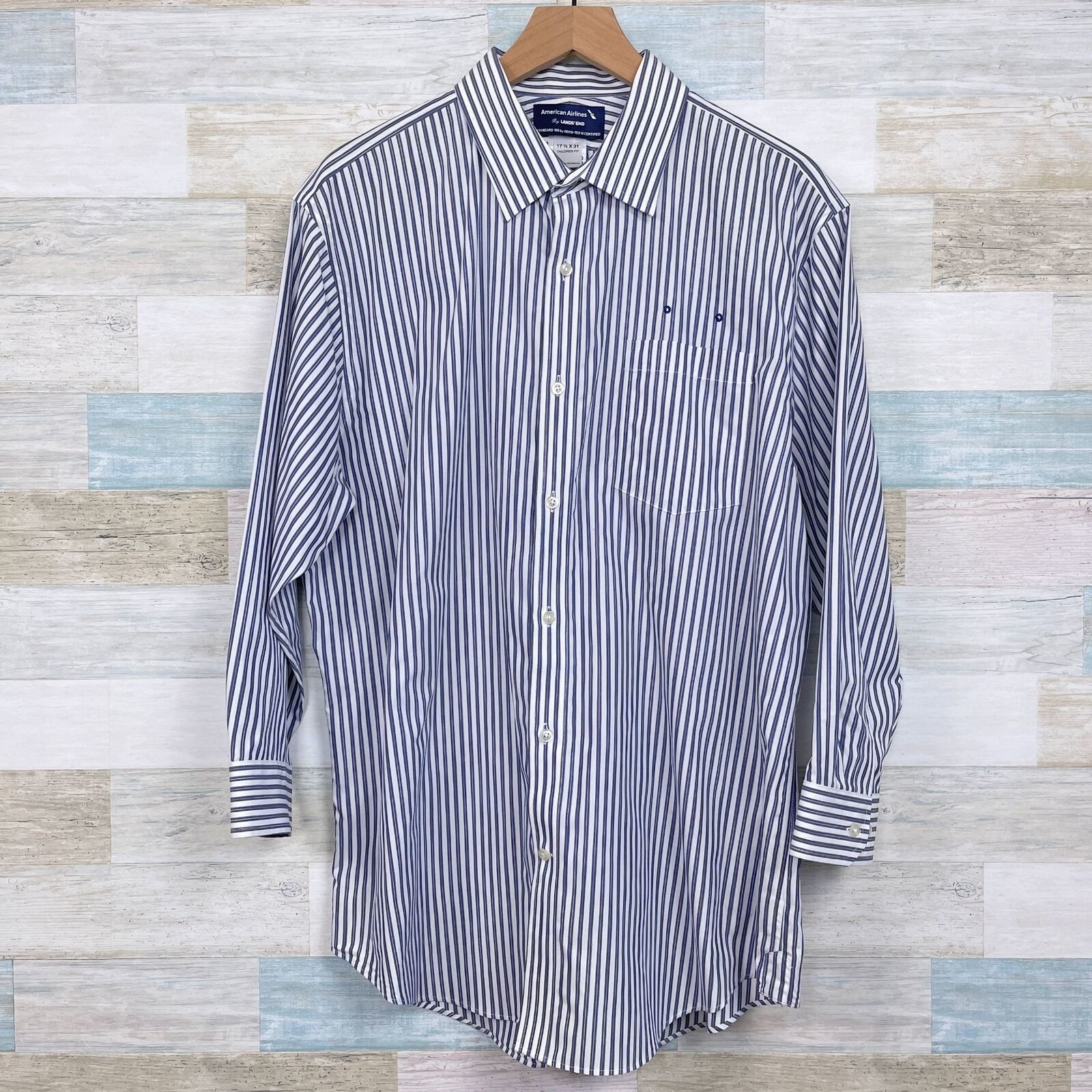 American Airlines Lands End Employee Shirt Blue White Striped Uniform Me... - £29.58 GBP