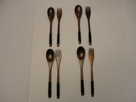 Set of 4 Wooden Fork Spoon Dinnerware Utensil Natural Pattern Wood Dining Lunch - £18.48 GBP