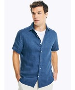 Nautica Men&#39;s Classic-Fit Solid Linen Short-Sleeve Shirt Blue B4HP - $29.95