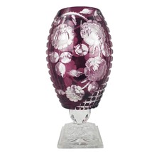 Bohemian Cut-To-Clear Amethyst Glass Crystal 14&quot; Tall Pedestal Vase AJKA Hungary - £228.31 GBP