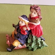 Figurine Boy &amp; Girl on Sled with Christmas Tree Christmas Village Accessory 2.5T - $5.93