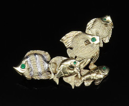 14K GOLD - Vintage Two Tone Multi Fish With Green Stone Eyes Pendant - GP548 - £917.64 GBP