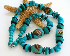 Vintage Handmade Wooden Necklace Chunky Turquoise Brown Beads Long - £15.99 GBP