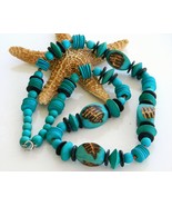 Vintage Handmade Wooden Necklace Chunky Turquoise Brown Beads Long - £15.94 GBP