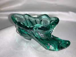 Fenton Art Glass Hand Painted Green Slipper Shoe  - $35.00