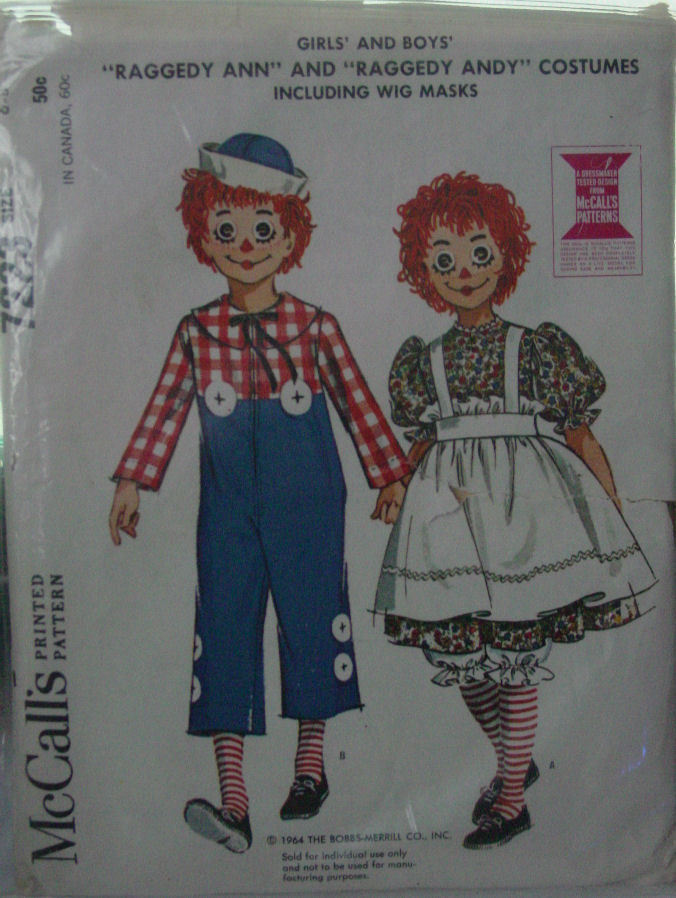 Pattern 7223 Child's Raggedy Ann, Andy Costume 6-8 (used) - $6.99