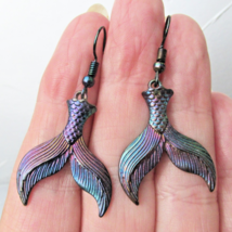 Dangle WHALE TAIL  Aurora Borealis AB Black Metal Pierced Vintage Earrings - $17.81