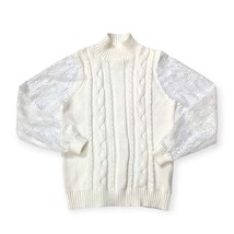 Women Small White Mock Turtleneck Lace and Cable Knit Sweater Jumper  - $19.90