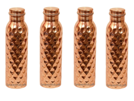 Pure Copper Water Drinking Bottle Leak Proof Beautiful Diamond Design Set of 4 - £49.73 GBP