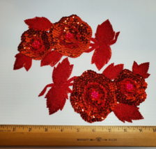 2 PC Lot Bright Red Sequins Beaded Flowers Appliqué New Old Stock NOS Ap... - £10.07 GBP