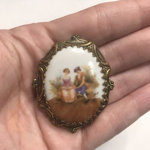 Primary image for Antique Brooch Pin Ceramic Courting Couple Scene C Clasp