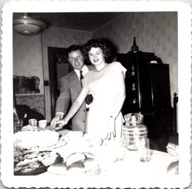 c1950 Vintage Man Woman Engagement Party Cutting Cake Black White Photograph - £23.49 GBP