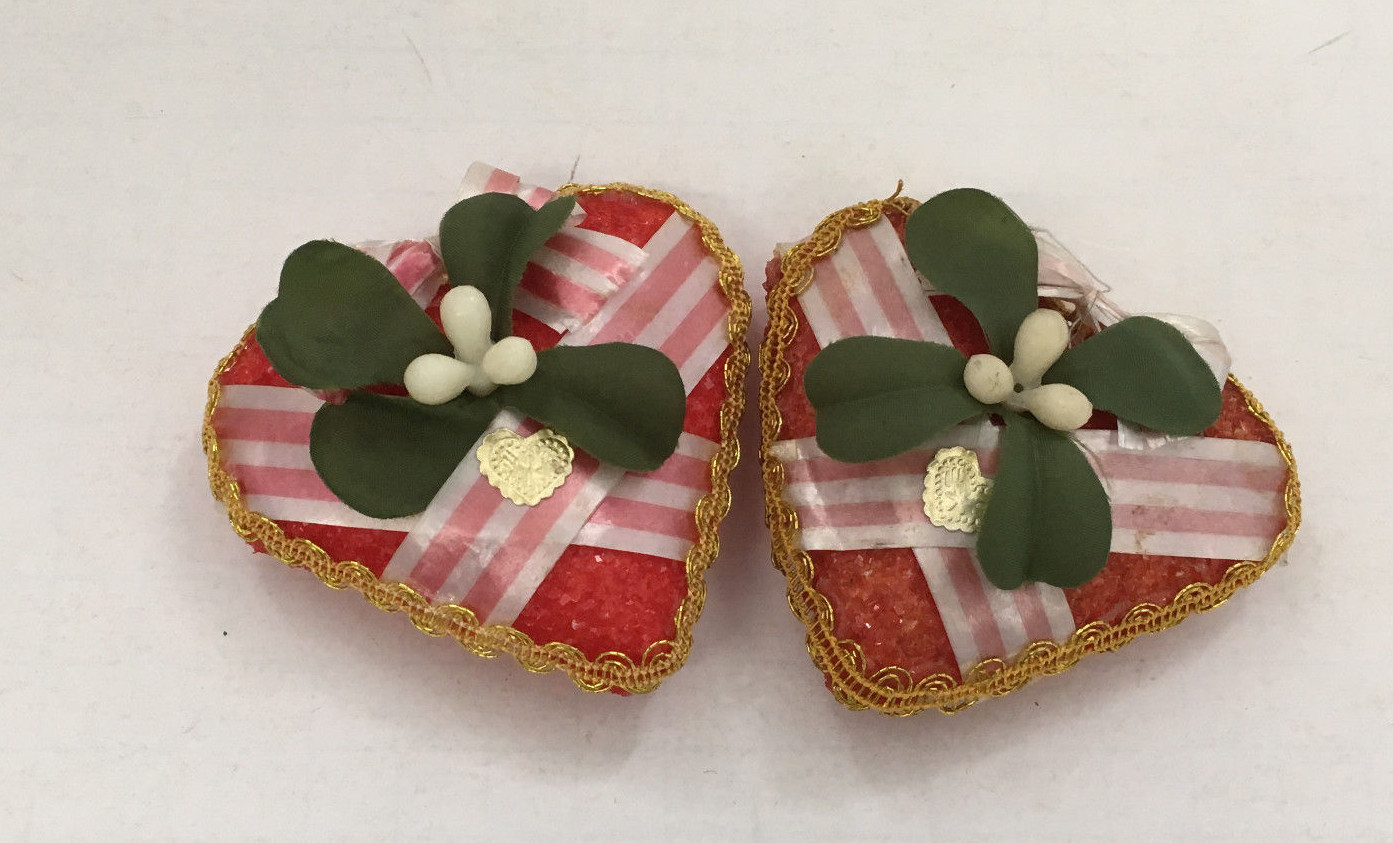 Vintage shabby chic cottage hand decorated vintage valentine glitter hearts - $19.75