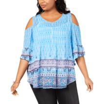 Style &amp; Co Womens Plus 0X Blue Northern Array Cold Shoulder Sheer Blouse... - $20.78