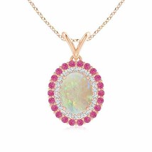 ANGARA Oval Opal Pendant with Double Diamond and Pink Sapphire Halo in 14K Gold - £928.12 GBP