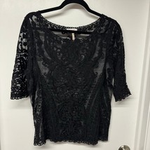 Laundry by Shelli Segal Sheer Black Mesh Lace Short Sleeve Top Scallop H... - £21.85 GBP