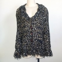 Ball of Cotton Fringe Sweater Shaggy Blue White Sheer Trim Button Cardig... - $85.49