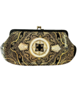 Florentine Leather Clutch Purse Black &amp; Gold with White Vintage Made in ... - £37.90 GBP