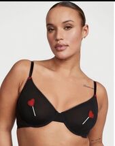 Victoria’s Secret Red Heart Lollipop Unlined Demi Bra Black Sheer Mesh 3... - $18.80