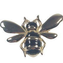 Vintage Gold Tone Black Enamel Bee Rhinestone Brooch Pin - $6.79
