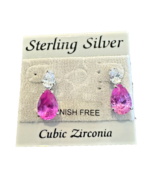 925 Sterling Silver Dangle Earrings Pear Shape Cubic Zirconia Pink &amp; Clear - £11.29 GBP