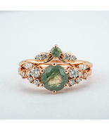 Round Moss Agate Engagement Ring Set With Moissanite Rose Gold Ring - $9,214.25 MXN+