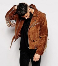 Men suede leather jacket fringes tassel suede leather jacket with fringe... - $139.99