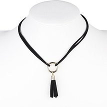 Gold Tone Jet Black Faux Suede Choker Necklace with Tassels - £18.43 GBP