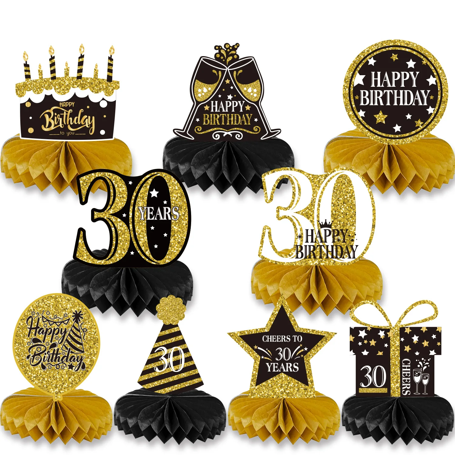 9pcs/Set Black Gold Birthday 18 30 40 50 60 Years Old Honeycomb Ball Pap... - $15.88
