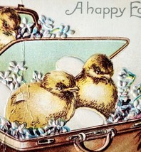 Happy Easter 1898 Victorian Greeting Postcard Embossed Chicks Egg Luggage PCBG6D - £27.64 GBP