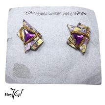 Vintage 90s Alyssa Levitan Purple Gold Handcrafted Origami Pierced Earri... - £17.62 GBP