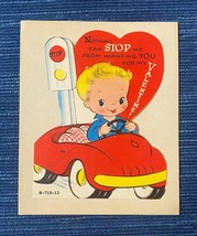 Vintage Die Cut Valentine Card 1950s Red Car Traffic Light Boy Unused MCM 986A - $8.75