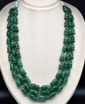 Natural Green Quartz Engraved Beaded Necklace 3 Line 1059 Ct Old Carved Gemstone - $688.75